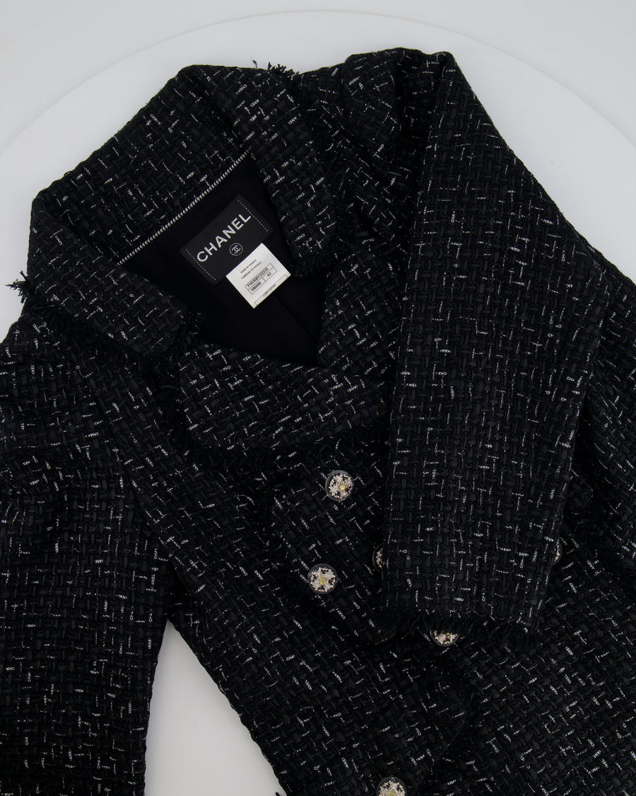 Chanel Paris Versailles Black Tweed All-Over Logo Ribbon Jacket with Silver Embellished Buttons Size FR 42 (UK 14)