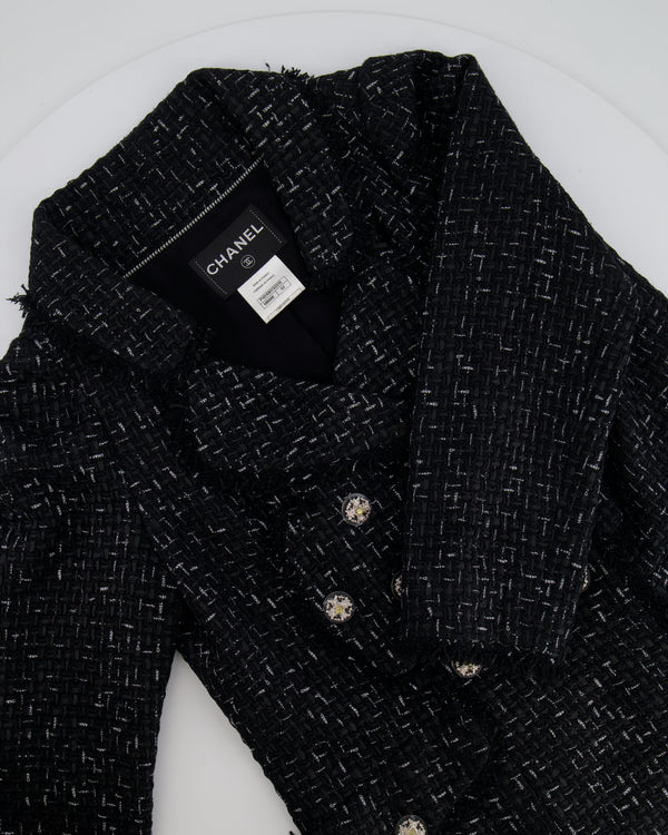 Chanel Paris Versailles Black Tweed All-Over Logo Ribbon Jacket with Silver Embellished Buttons Size FR 42 (UK 14)
