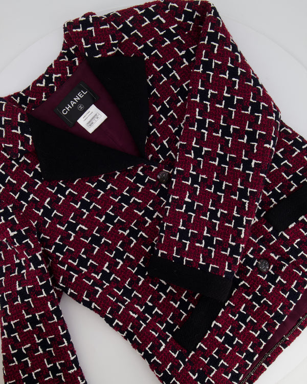 Chanel Fall 2015 Burgundy and Black Tweed Jacket with Black CC Logo Buttons Size FR 40 (UK 12)
