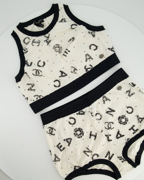 Chanel 22S White & Black Logo & Camellia Print Crop Top & Shorts Set with Black Trim & Metallic Applique Details Size S (UK 8)