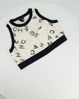 Chanel 22S White & Black Logo & Camellia Print Crop Top & Shorts Set with Black Trim & Metallic Applique Details Size S (UK 8)