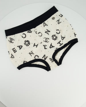 Chanel 22S White & Black Logo & Camellia Print Crop Top & Shorts Set with Black Trim & Metallic Applique Details Size S (UK 8)