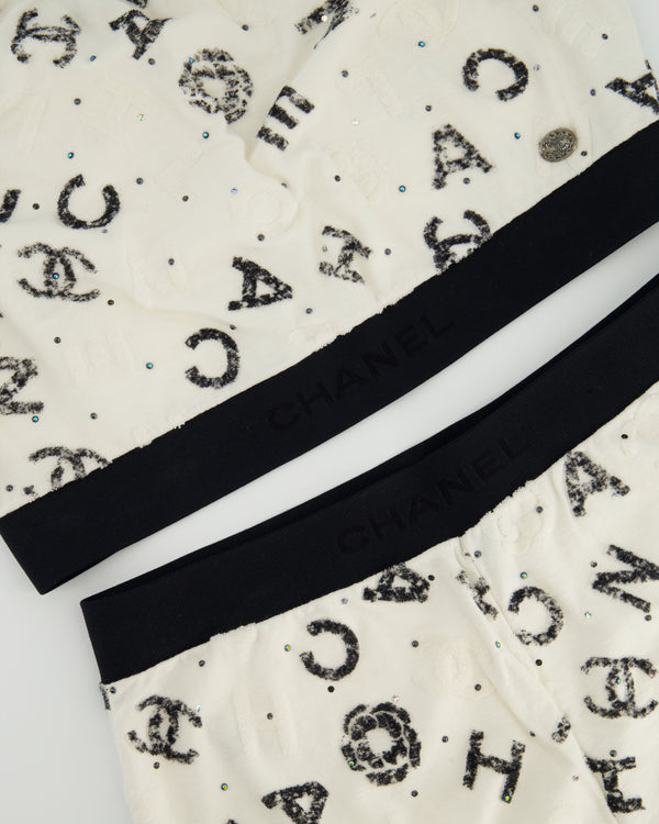 Chanel 22S White & Black Logo & Camellia Print Crop Top & Shorts Set with Black Trim & Metallic Applique Details Size S (UK 8)