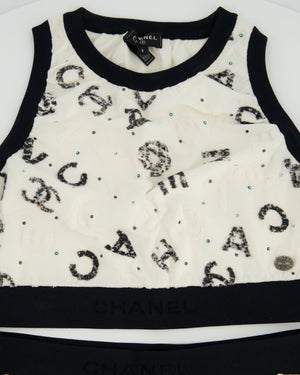 Chanel 22S White & Black Logo & Camellia Print Crop Top & Shorts Set with Black Trim & Metallic Applique Details Size S (UK 8)