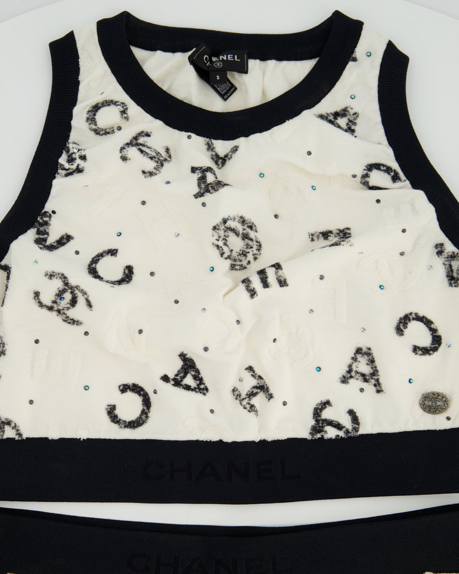 Chanel 22S White & Black Logo & Camellia Print Crop Top & Shorts Set with Black Trim & Metallic Applique Details Size S (UK 8)
