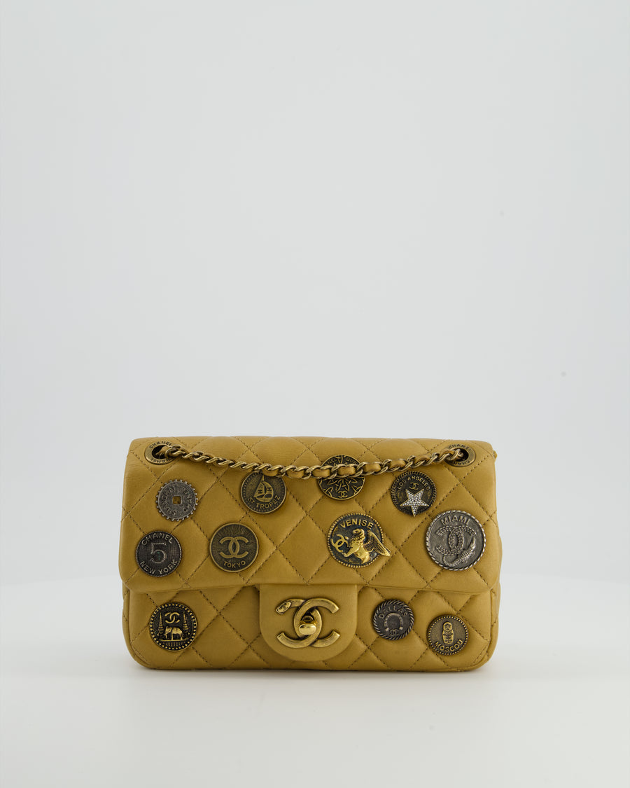 Chanel Gold Metallic Mini Single Flap Bag in Lambskin Leather Antique Gold Silver Hardware and Bronze Medallion Detail