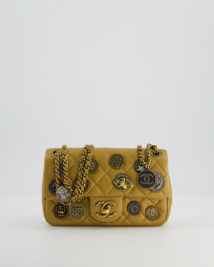 Chanel Gold Metallic Mini Single Flap Bag in Lambskin Leather Antique Gold Silver Hardware and Bronze Medallion Detail