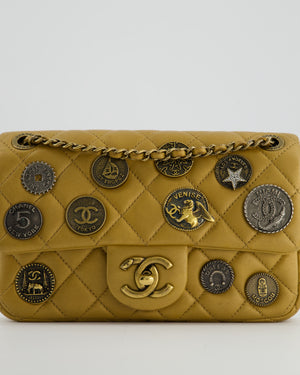 Chanel Gold Metallic Mini Single Flap Bag in Lambskin Leather Antique Gold Silver Hardware and Bronze Medallion Detail