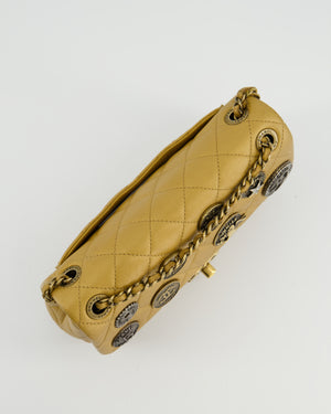 Chanel Gold Metallic Mini Single Flap Bag in Lambskin Leather Antique Gold Silver Hardware and Bronze Medallion Detail