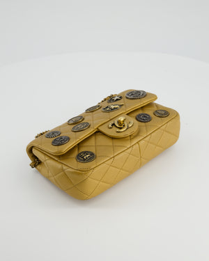 Chanel Gold Metallic Mini Single Flap Bag in Lambskin Leather Antique Gold Silver Hardware and Bronze Medallion Detail
