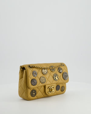Chanel Gold Metallic Mini Single Flap Bag in Lambskin Leather Antique Gold Silver Hardware and Bronze Medallion Detail