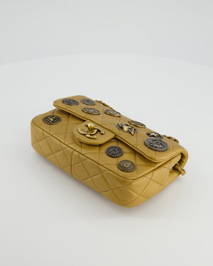 Chanel Gold Metallic Mini Single Flap Bag in Lambskin Leather Antique Gold Silver Hardware and Bronze Medallion Detail