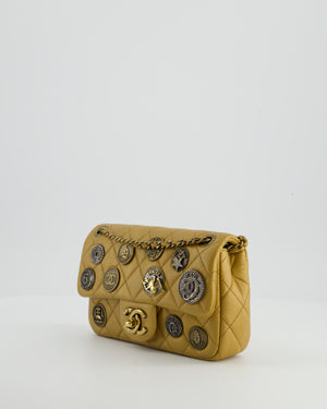 Chanel Gold Metallic Mini Single Flap Bag in Lambskin Leather Antique Gold Silver Hardware and Bronze Medallion Detail