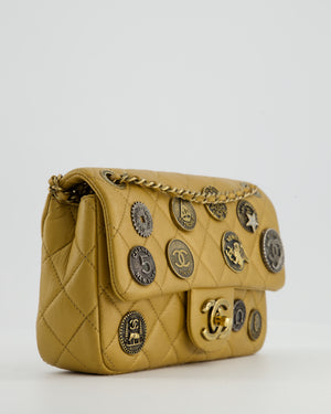 Chanel Gold Metallic Mini Single Flap Bag in Lambskin Leather Antique Gold Silver Hardware and Bronze Medallion Detail