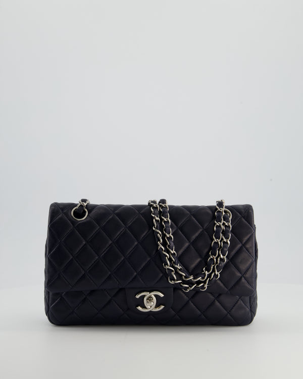 Chanel Midnight Navy Medium Double Flap Bag in Lambskin Leather with Silver Hardware