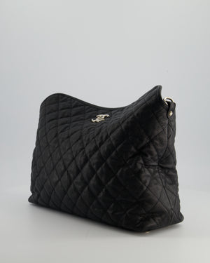 Chanel Black Quilted Large French Riviera Hobo Bag in Caviar Leather with Silver Hardware