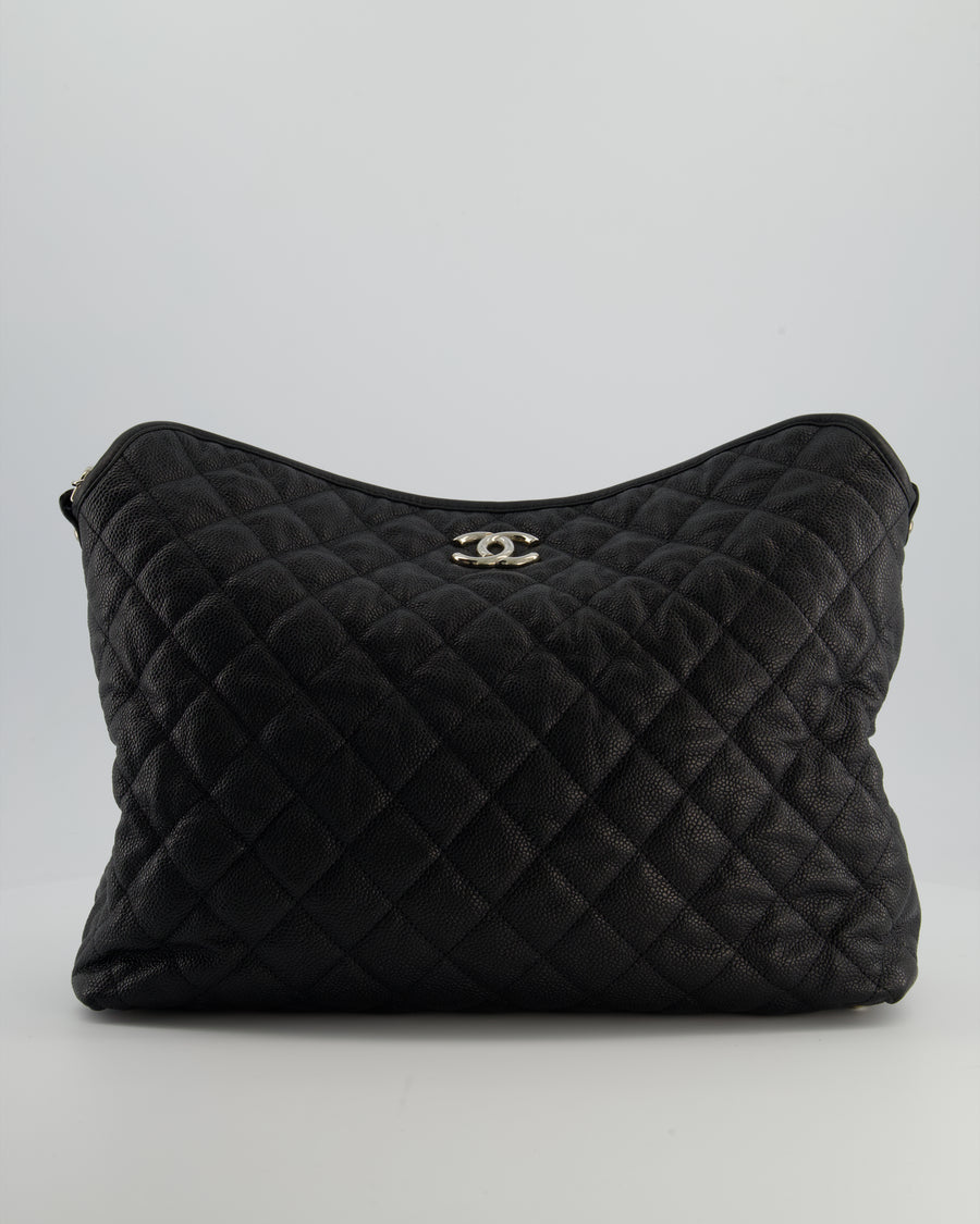 Chanel Black Quilted Large French Riviera Hobo Bag in Caviar Leather with Silver Hardware