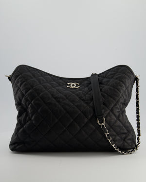 Chanel Black Quilted Large French Riviera Hobo Bag in Caviar Leather with Silver Hardware