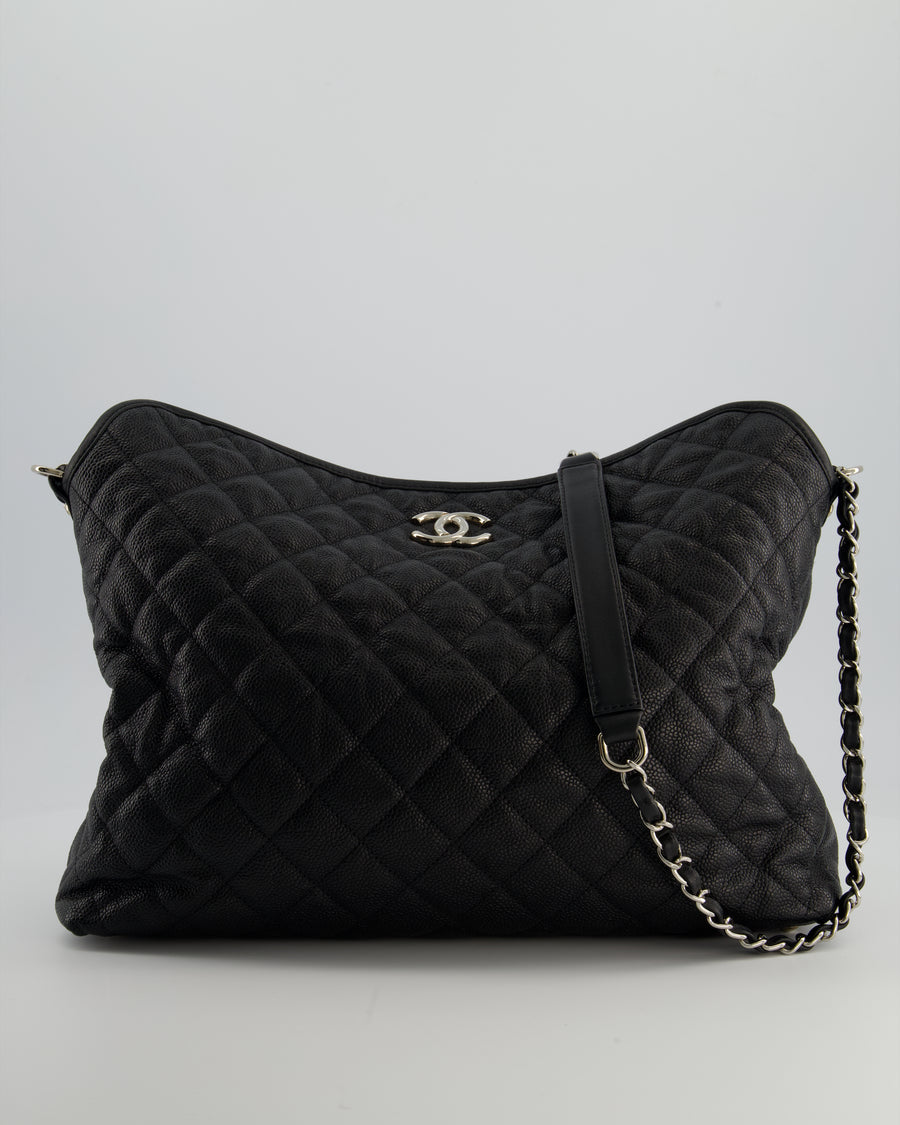 Chanel Black Quilted Large French Riviera Hobo Bag in Caviar Leather with Silver Hardware