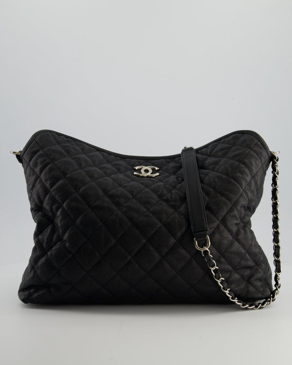 Chanel Black Quilted Large French Riviera Hobo Bag in Caviar Leather with Silver Hardware
