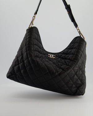Chanel Black Quilted Large French Riviera Hobo Bag in Caviar Leather with Silver Hardware
