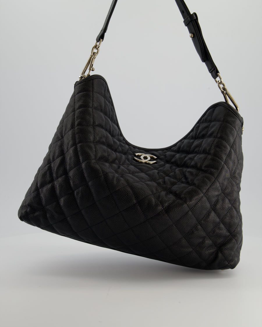 Chanel Black Quilted Large French Riviera Hobo Bag in Caviar Leather with Silver Hardware