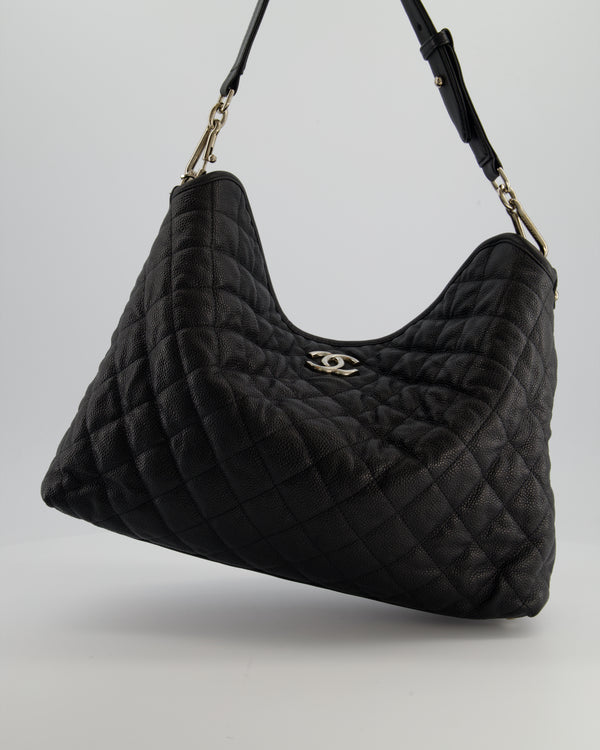 Chanel Black Quilted Large French Riviera Hobo Bag in Caviar Leather with Silver Hardware