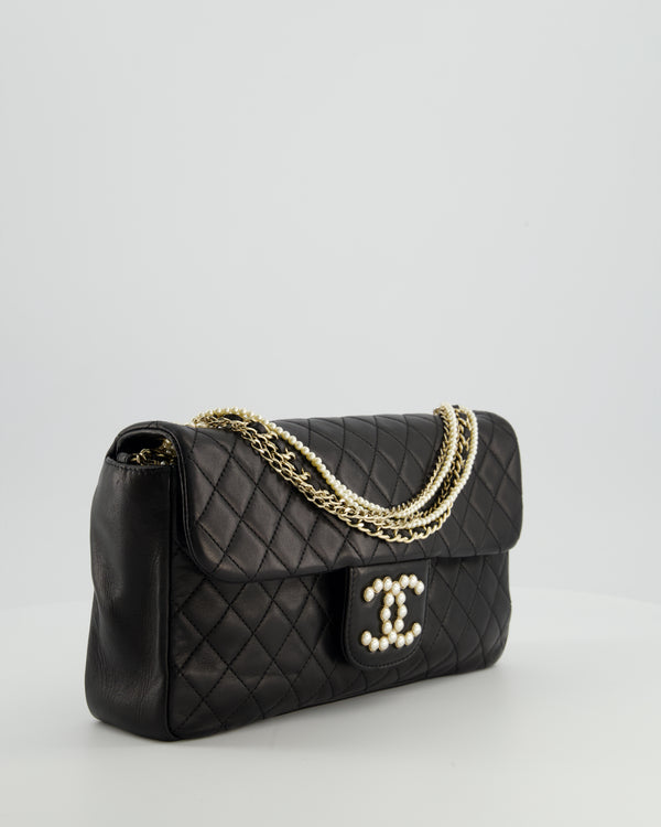 Chanel Black Medium Westminster Pearl Coco Single Flap Bag in Lambskin Leather with Champagne Gold & Pearl Chain and CC Lock Details