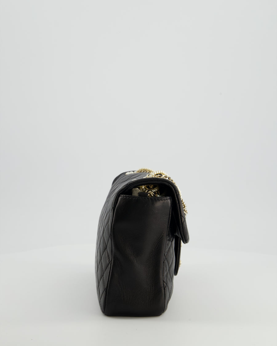 Chanel Black Medium Westminster Pearl Coco Single Flap Bag in Lambskin Leather with Champagne Gold & Pearl Chain and CC Lock Details
