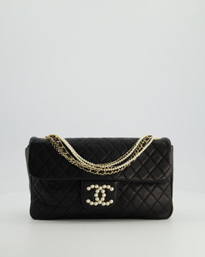 Chanel Black Medium Westminster Pearl Coco Single Flap Bag in Lambskin Leather with Champagne Gold & Pearl Chain and CC Lock Details