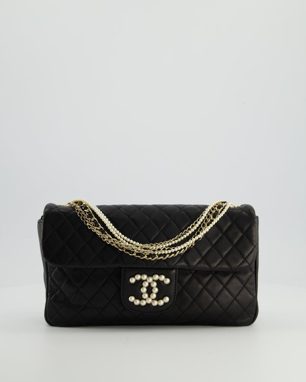 Chanel Black Medium Westminster Pearl Coco Single Flap Bag in Lambskin Leather with Champagne Gold & Pearl Chain and CC Lock Details