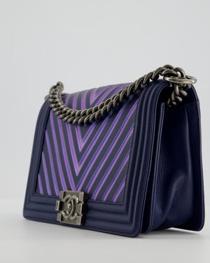 Chanel Medium Navy Chevron Boy Bag in Calfskin Leather with Antique Silver Hardware
