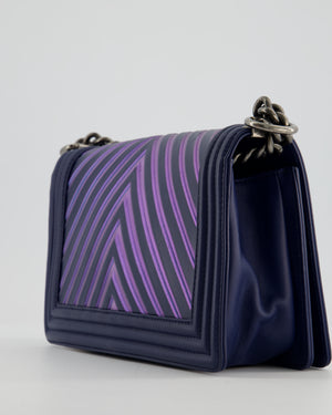 Chanel Medium Navy Chevron Boy Bag in Calfskin Leather with Antique Silver Hardware