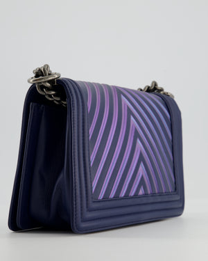 Chanel Medium Navy Chevron Boy Bag in Calfskin Leather with Antique Silver Hardware