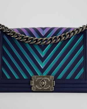 Chanel Medium Navy Chevron Boy Bag in Calfskin Leather with Antique Silver Hardware