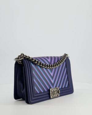 Chanel Medium Navy Chevron Boy Bag in Calfskin Leather with Antique Silver Hardware