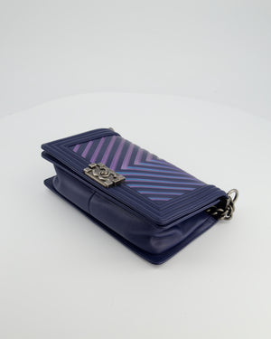 Chanel Medium Navy Chevron Boy Bag in Calfskin Leather with Antique Silver Hardware