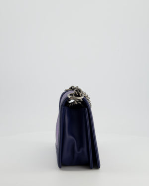 Chanel Medium Navy Chevron Boy Bag in Calfskin Leather with Antique Silver Hardware