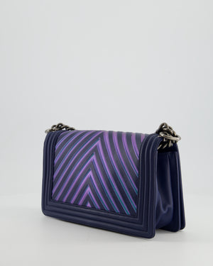 Chanel Medium Navy Chevron Boy Bag in Calfskin Leather with Antique Silver Hardware