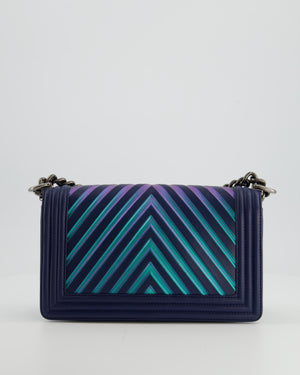Chanel Medium Navy Chevron Boy Bag in Calfskin Leather with Antique Silver Hardware