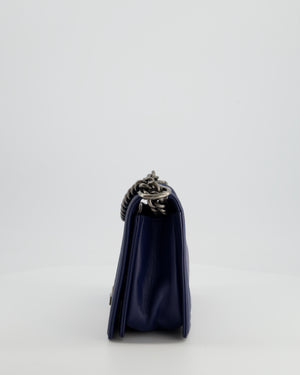 Chanel Medium Navy Chevron Boy Bag in Calfskin Leather with Antique Silver Hardware