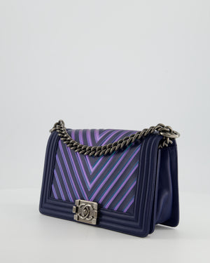 Chanel Medium Navy Chevron Boy Bag in Calfskin Leather with Antique Silver Hardware