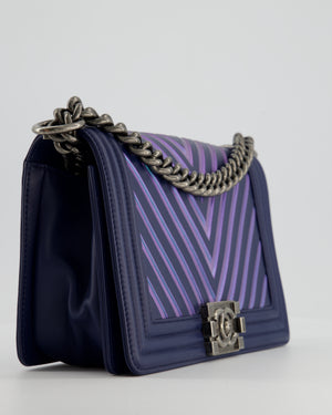 Chanel Medium Navy Chevron Boy Bag in Calfskin Leather with Antique Silver Hardware