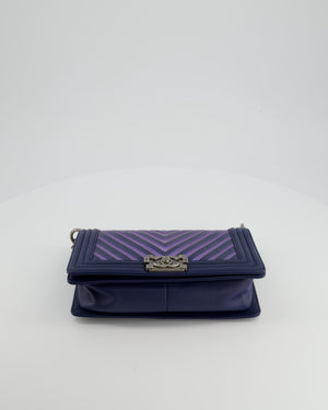 Chanel Medium Navy Chevron Boy Bag in Calfskin Leather with Antique Silver Hardware