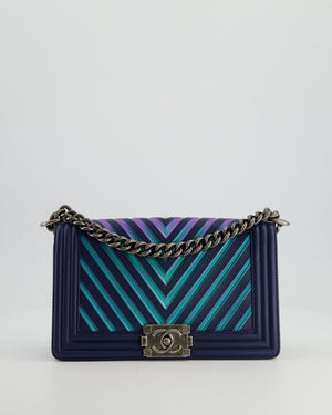 Chanel Medium Navy Chevron Boy Bag in Calfskin Leather with Antique Silver Hardware
