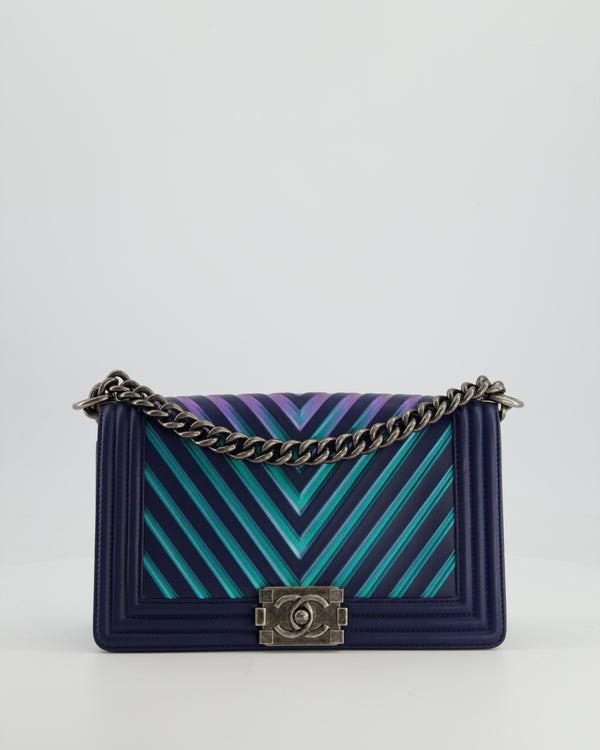 Chanel Medium Navy Chevron Boy Bag in Calfskin Leather with Antique Silver Hardware