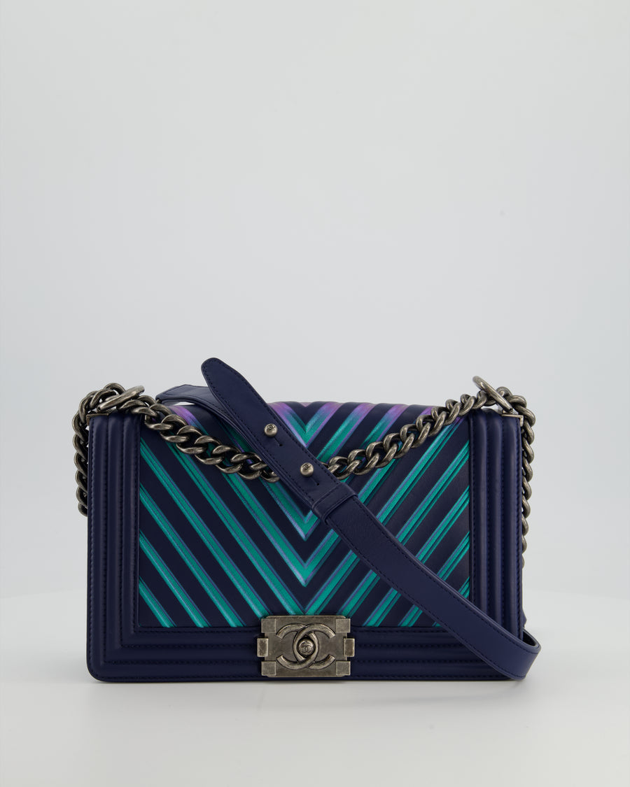 Chanel Medium Navy Chevron Boy Bag in Calfskin Leather with Antique Silver Hardware