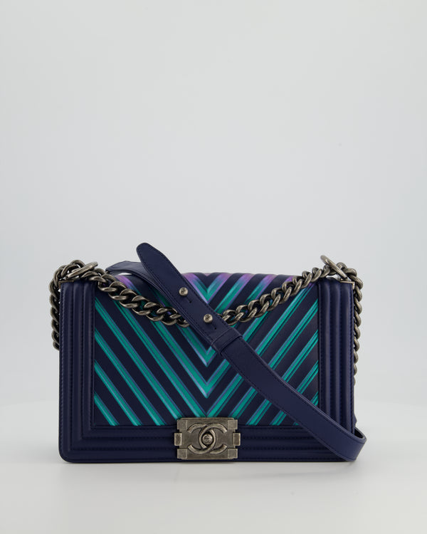 Chanel Medium Navy Chevron Boy Bag in Calfskin Leather with Antique Silver Hardware