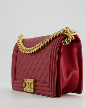 Chanel Red Medium Boy Bag in Calfskin Leather with Antique Gold Hardware