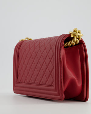 Chanel Red Medium Boy Bag in Calfskin Leather with Antique Gold Hardware